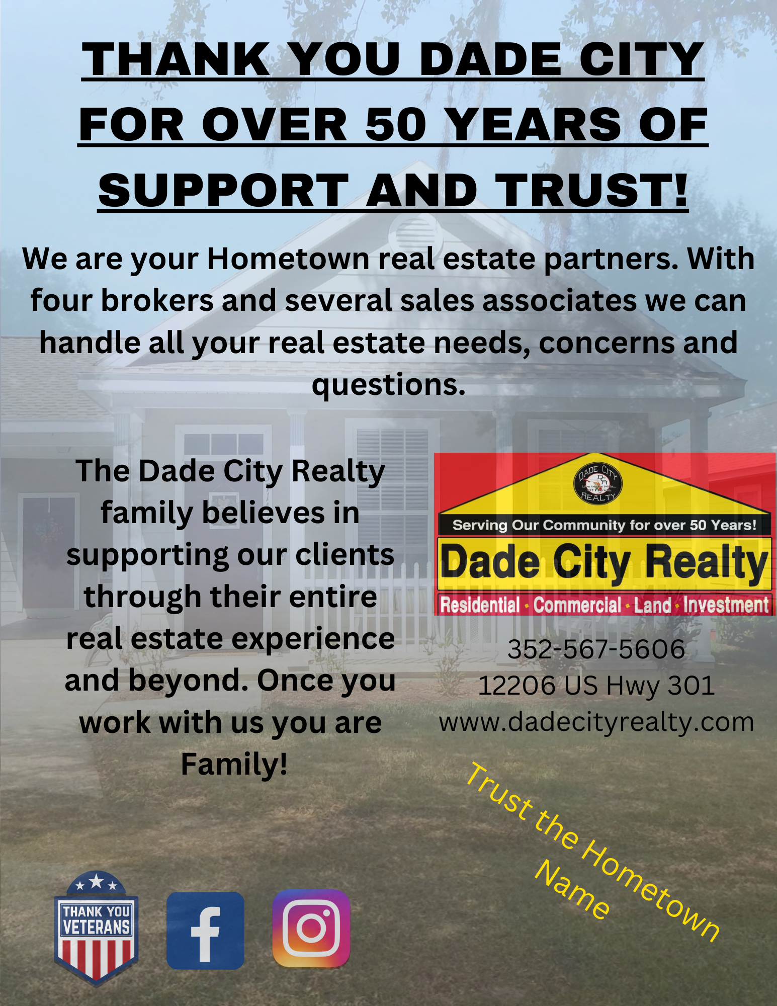 Dade City Realty announcement showing the background of a house with text overlaid on it: "Thank you Dade City for over 50 years of support and trust!"